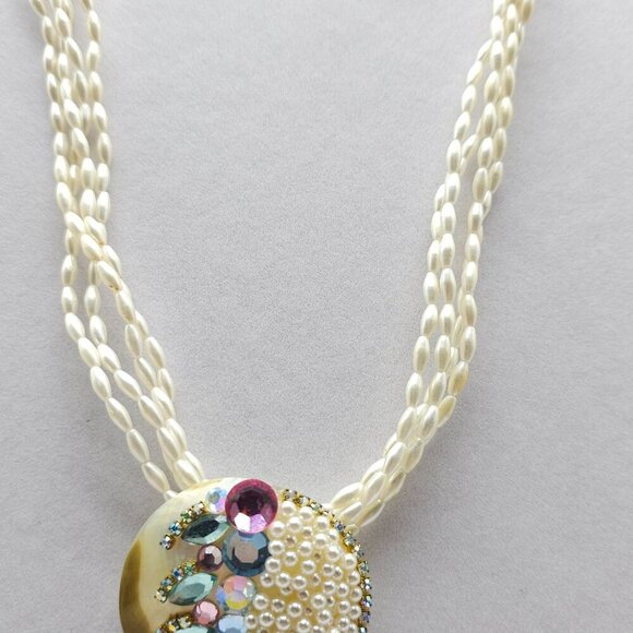 Vintage MOP Abalone Pearl Necklace Clip-On Earrings Set With Rhinestone Accents - Picture 3 of 9